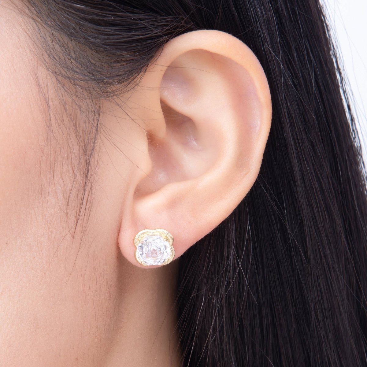 16K Gold Filled 11.5mm Clear CZ Hexagon Ribbed Flower Stud in Gold & Silver | Earrings-00767 Earrings-00768 - DLUXCA
