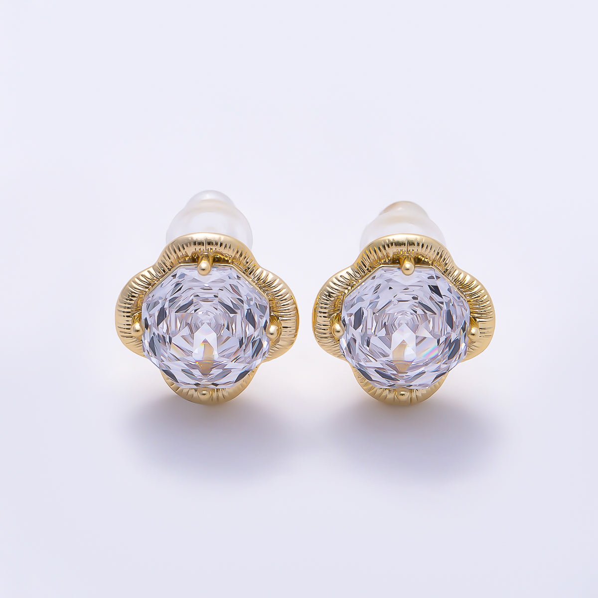 16K Gold Filled 11.5mm Clear CZ Hexagon Ribbed Flower Stud in Gold & Silver | Earrings-00767 Earrings-00768 - DLUXCA