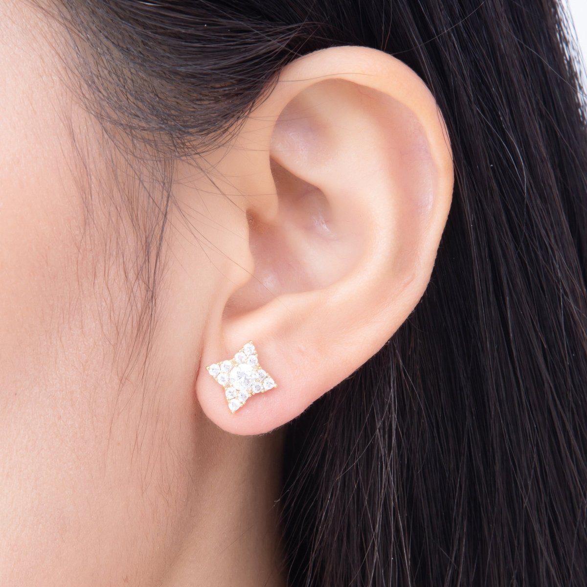 16K Gold Filled 11.5mm Clear Micro Paved CZ Celestial Star Stud in Gold & Silver | Earrings-00775 Earrings-00776 - DLUXCA