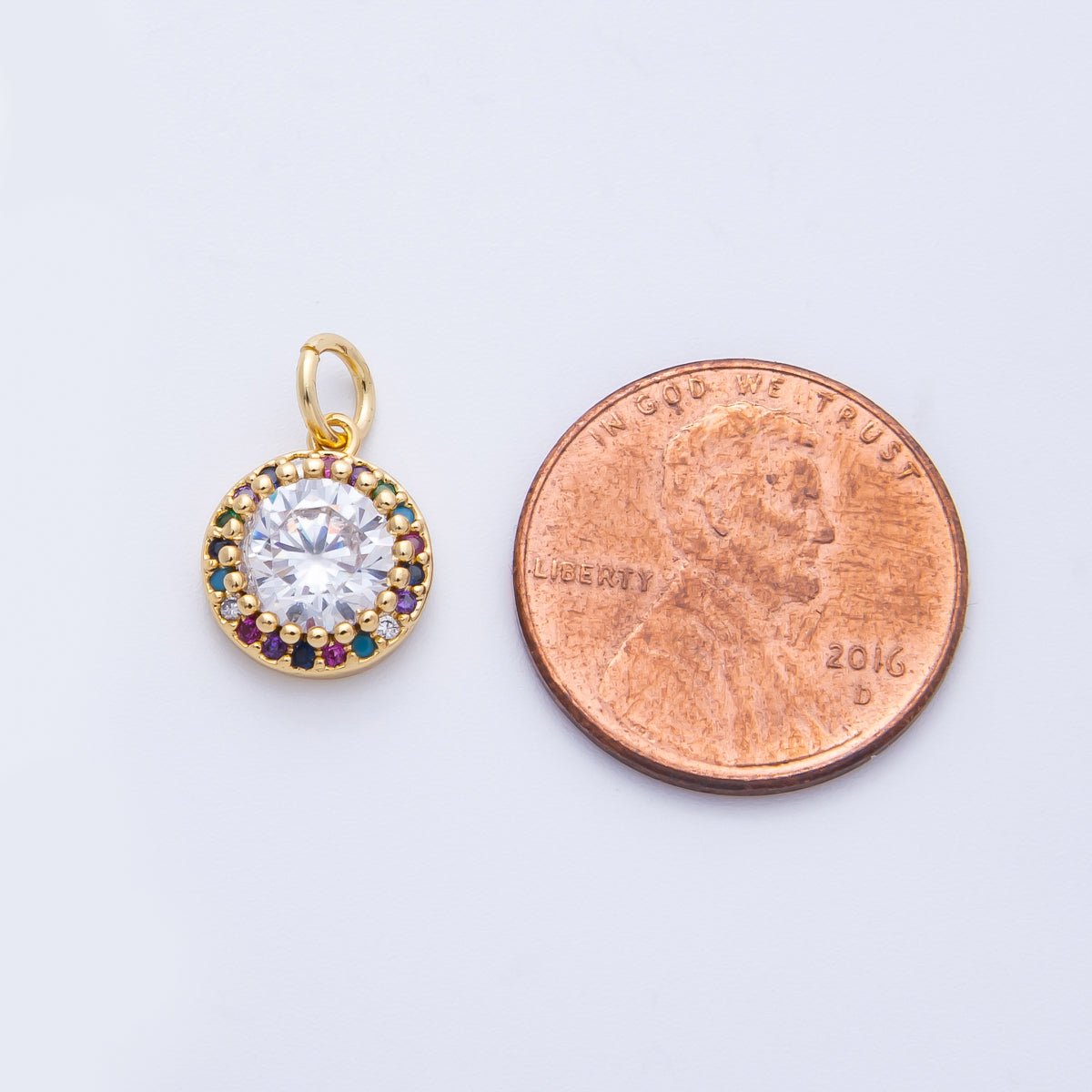 16K Gold Filled 11.5mm Multicolor Clear Micro Paved CZ Round Charm | Charms - 00391 - DLUXCA