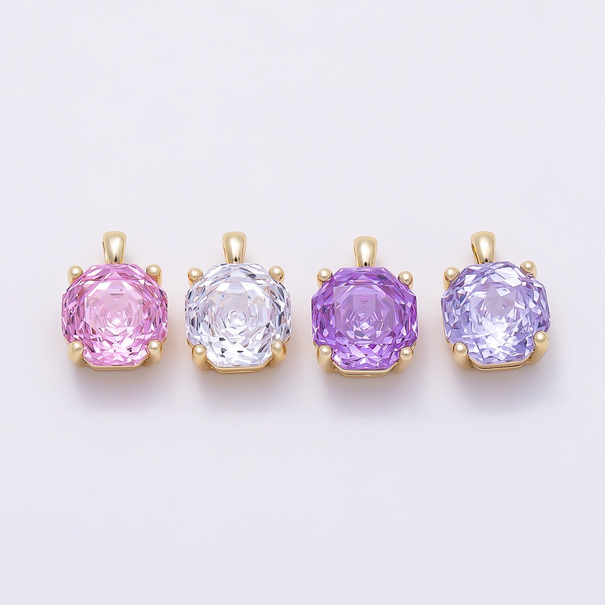 16K Gold Filled 11.5mm Purple, Clear, Pink CZ Prong Hexagon Round Pendant | Charms-01542 ~ Charms-01545 - DLUXCA
