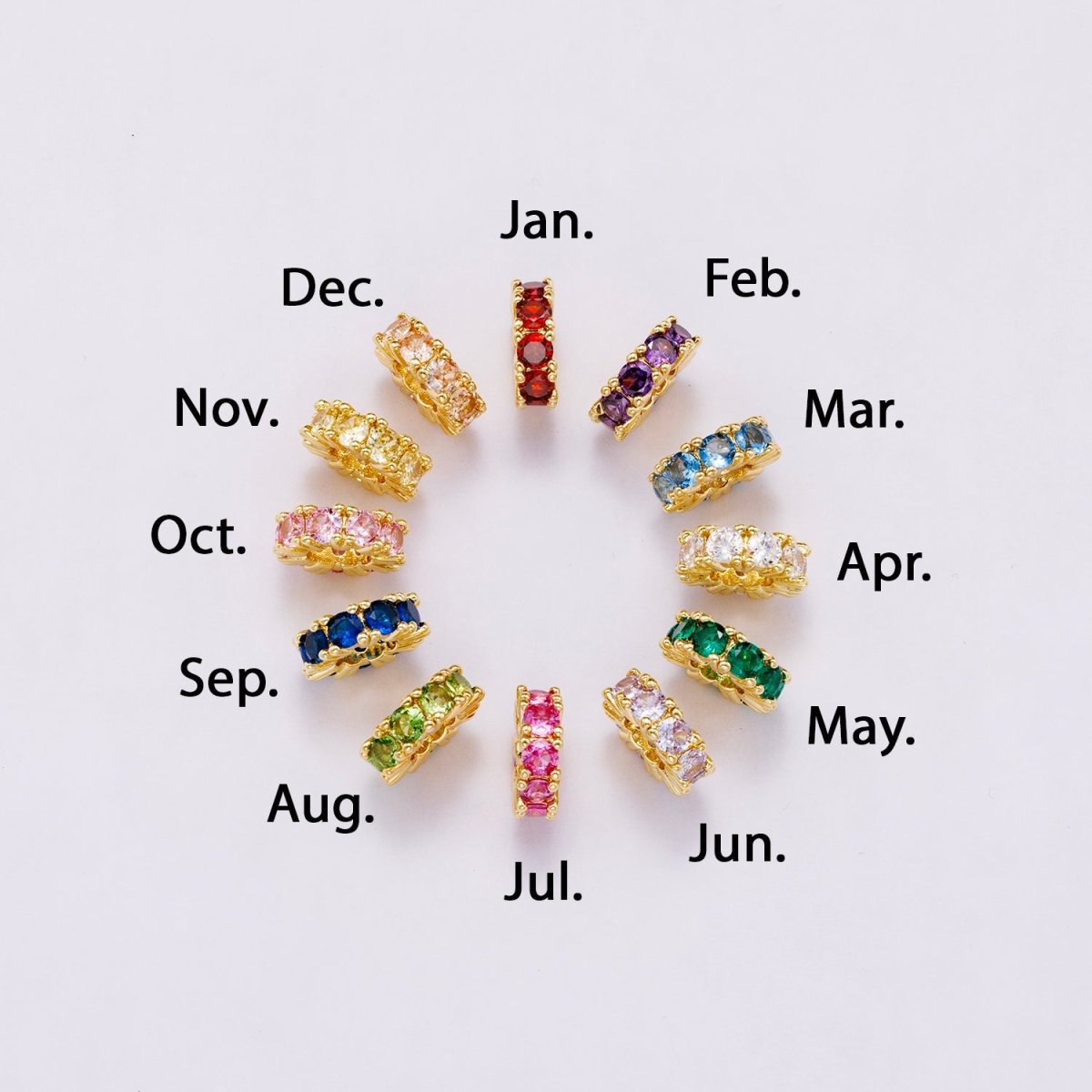 16K Gold Filled 11mm Birthstone Micro Paved CZ Personalized Rondelle Spacer Set | Beads - 00065 ~ Beads - 00076 - DLUXCA