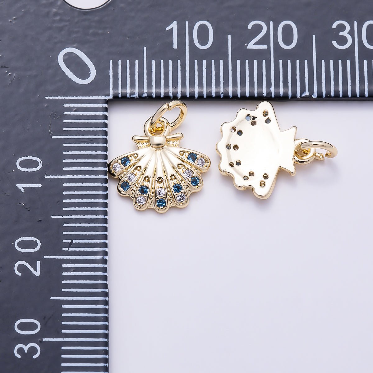 16K Gold Filled 11mm Blue and Clear CZ Fan-Shaped Peacock Tail Charm | Charms-01616 - DLUXCA