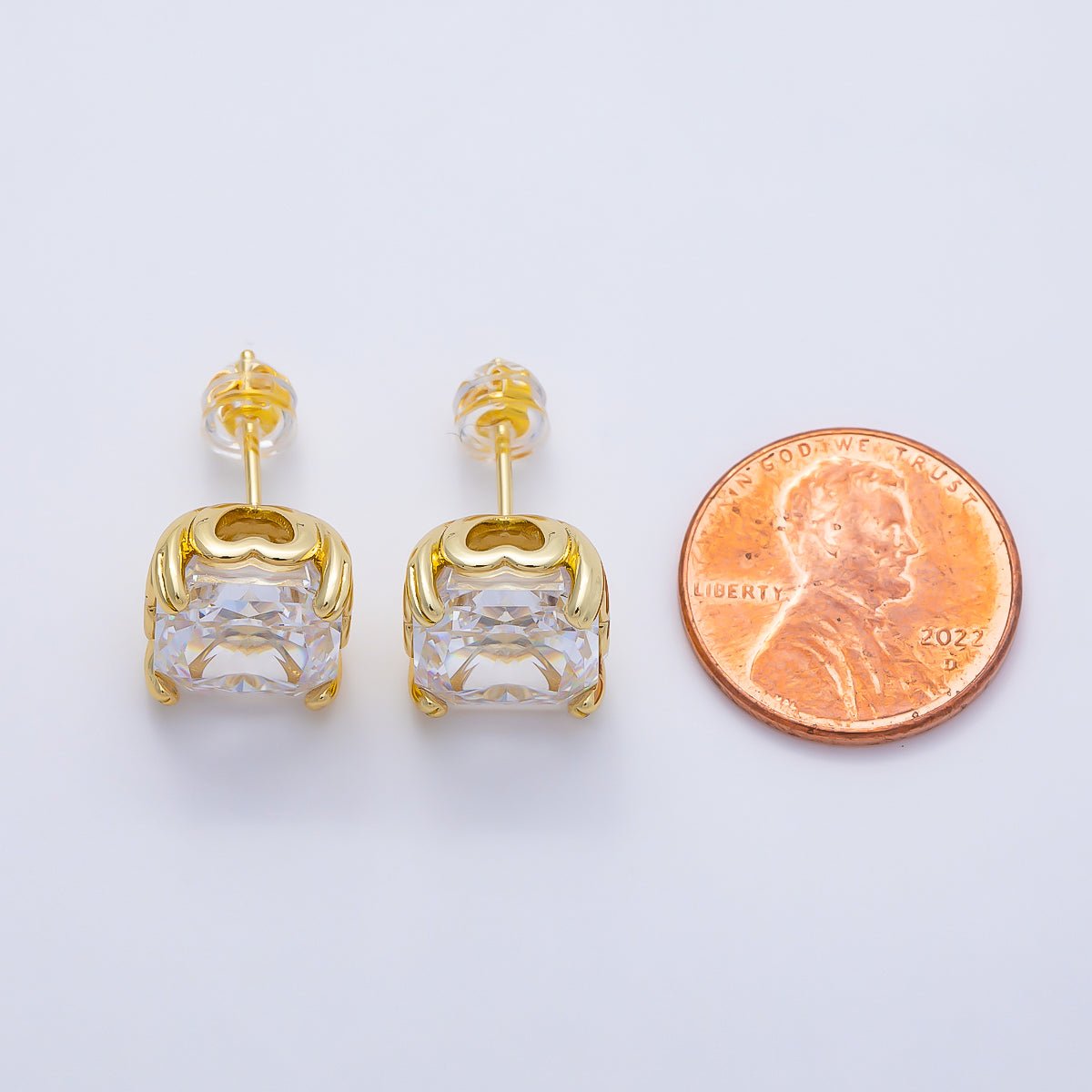 16K Gold Filled 11mm Clear CZ Baguette Square Prong Stud | Earrings-00678 - DLUXCA
