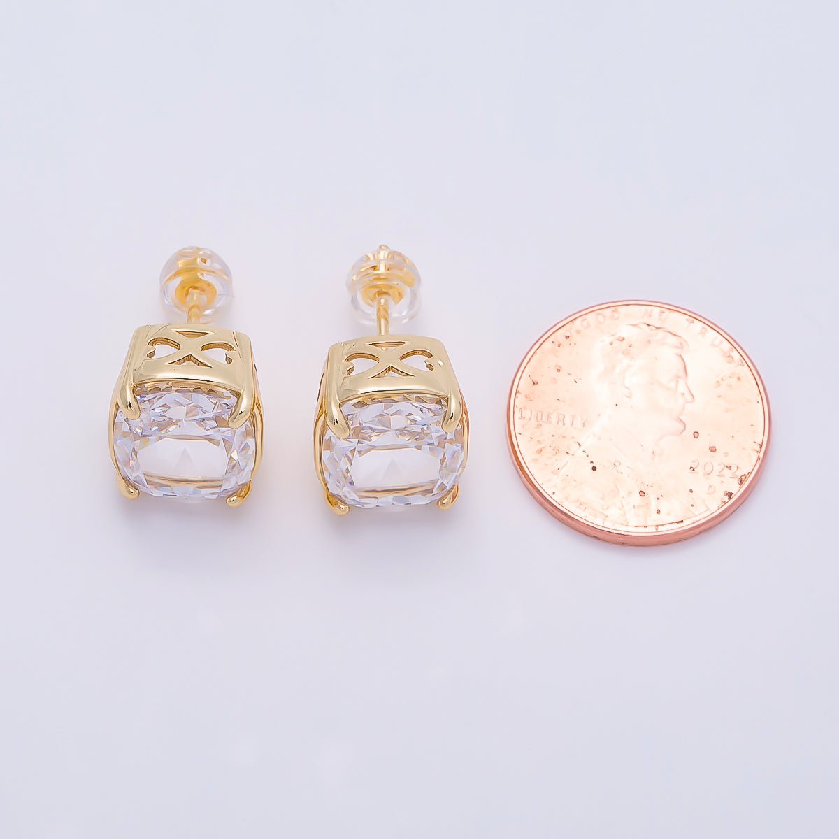 16K Gold Filled 11mm Clear CZ Rounded Oval Baguette Prong Stud | Earrings-00694 - DLUXCA