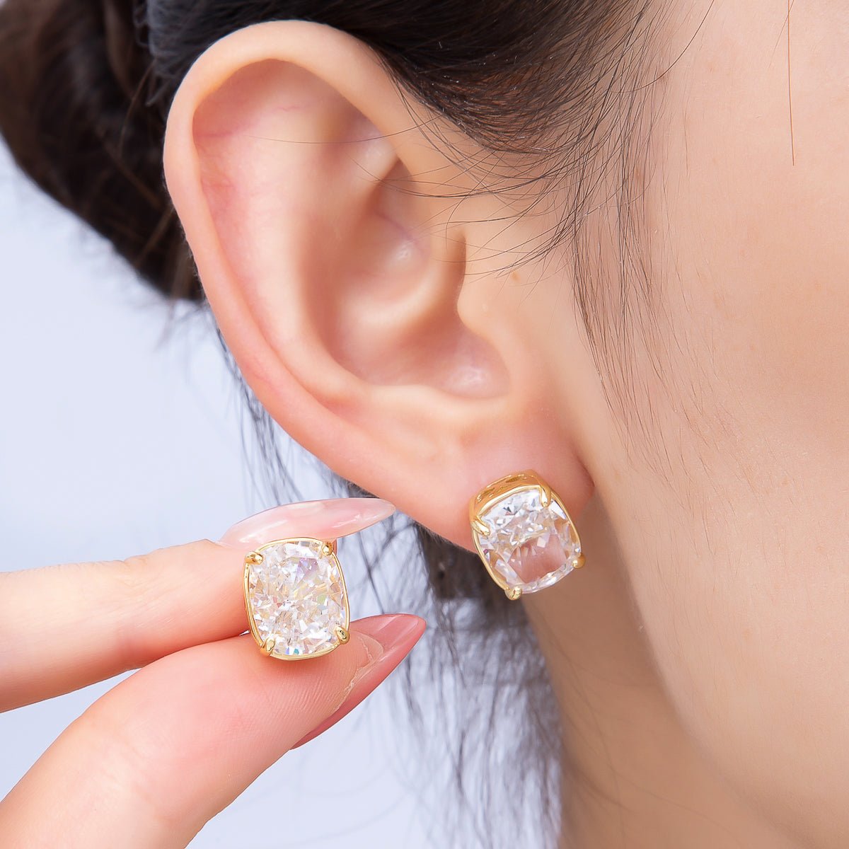 16K Gold Filled 11mm Clear CZ Rounded Oval Baguette Prong Stud | Earrings-00694 - DLUXCA