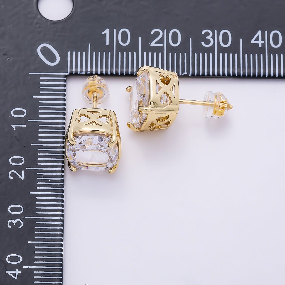 16K Gold Filled 11mm Clear CZ Rounded Oval Baguette Prong Stud | Earrings-00694 - DLUXCA