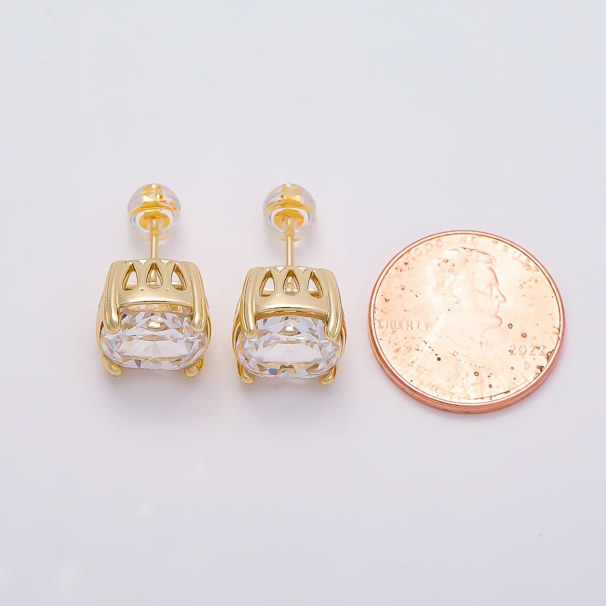 16K Gold Filled 11mm Clear CZ Rounded Square Baguette Prong Stud | Earrings-00692 - DLUXCA