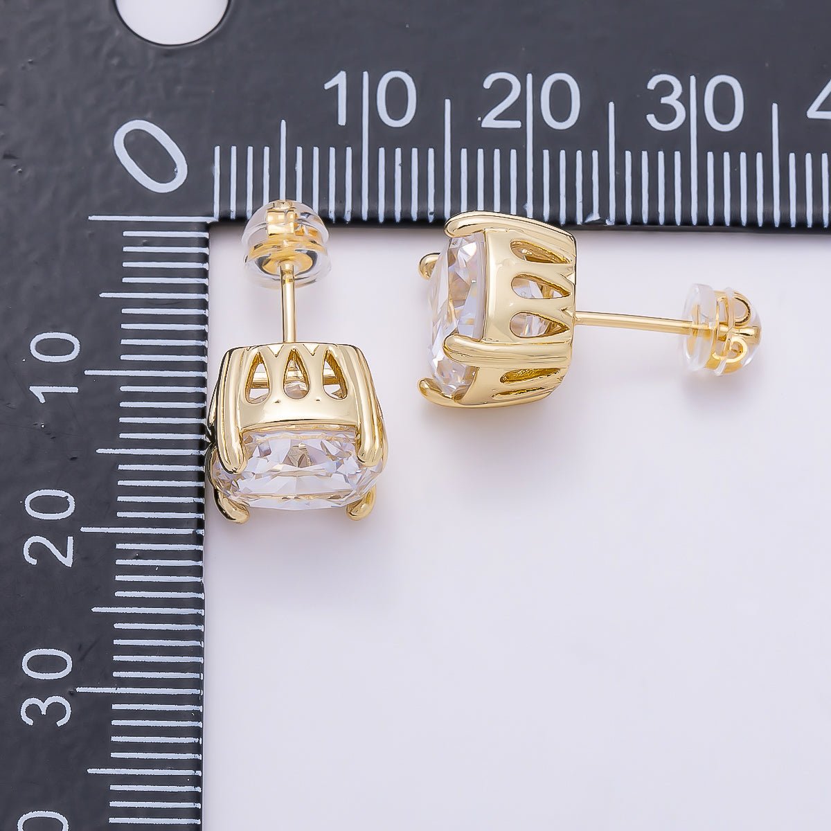 16K Gold Filled 11mm Clear CZ Rounded Square Baguette Prong Stud | Earrings-00692 - DLUXCA