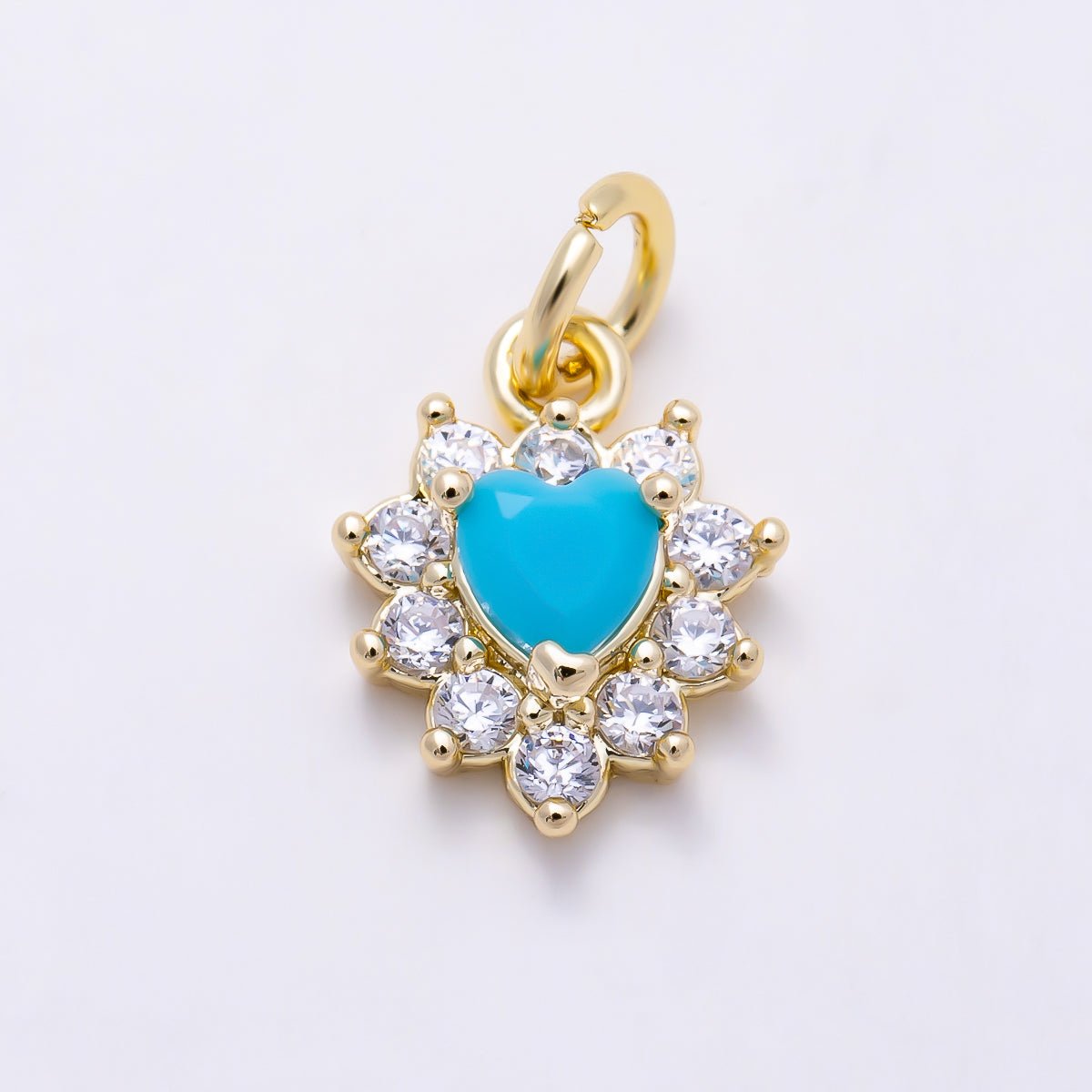 16K Gold Filled 11mm Clear CZ Starburst Turquoise Heart Charm | Charms-01625 - DLUXCA