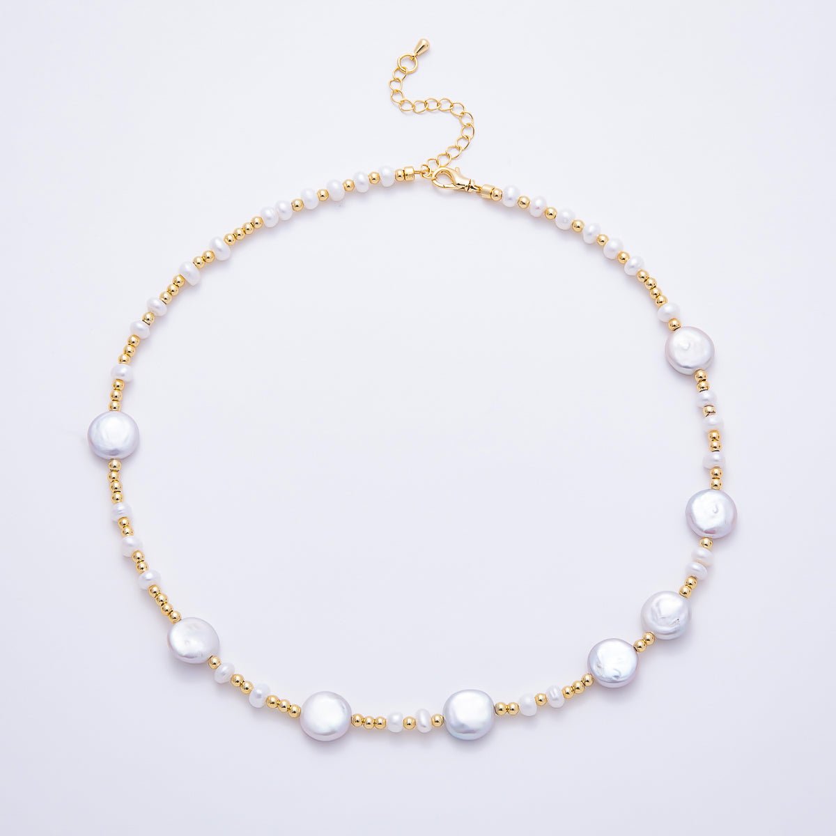 16K Gold Filled 11mm Coin Pearl & Gold Bead Mixed Station Strand 16 Inch Necklace | WA-00314 - DLUXCA