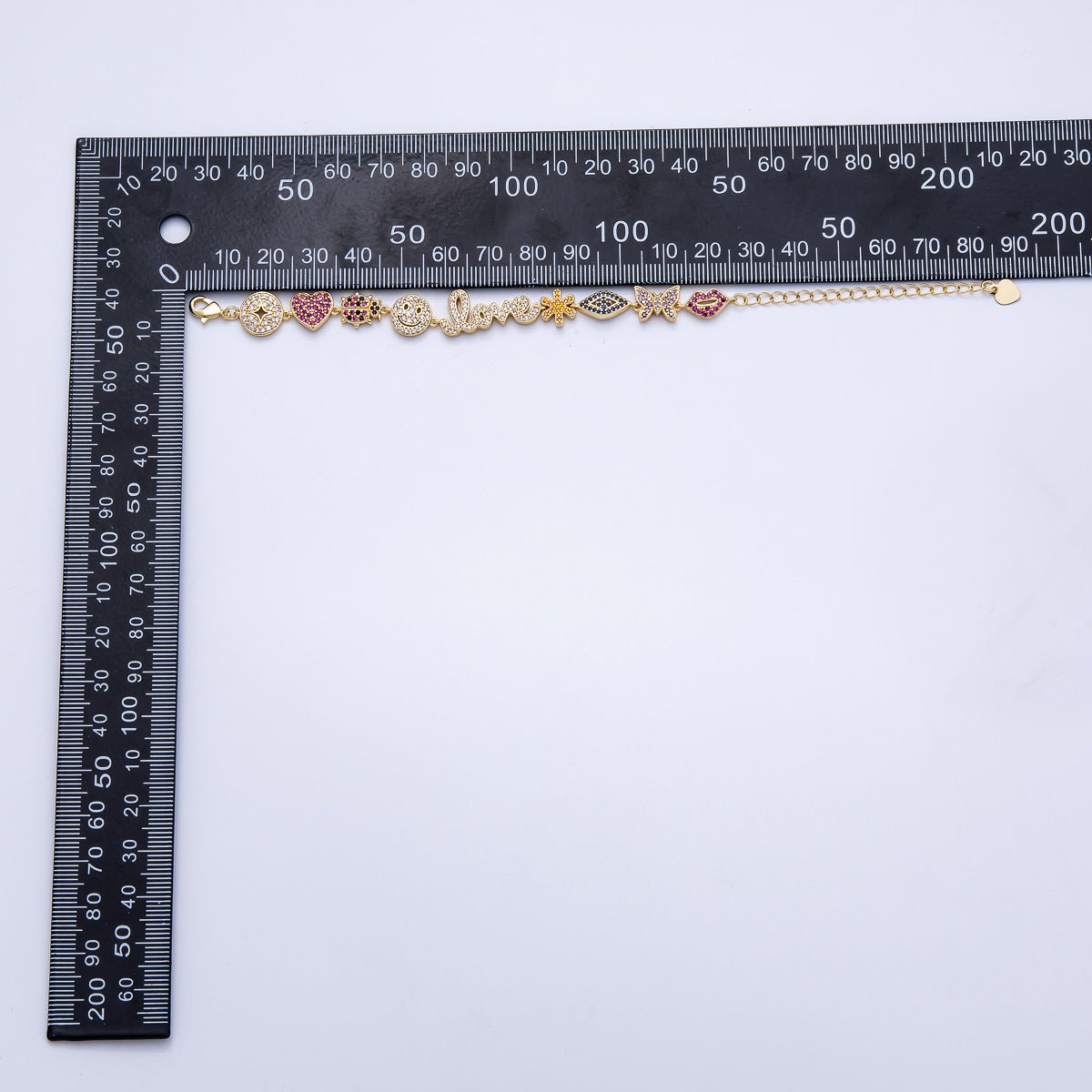 16K Gold Filled 11mm "Love" Multicolor Micro Paved 5 Inch Charm Bracelet | WA - 04044 - DLUXCA