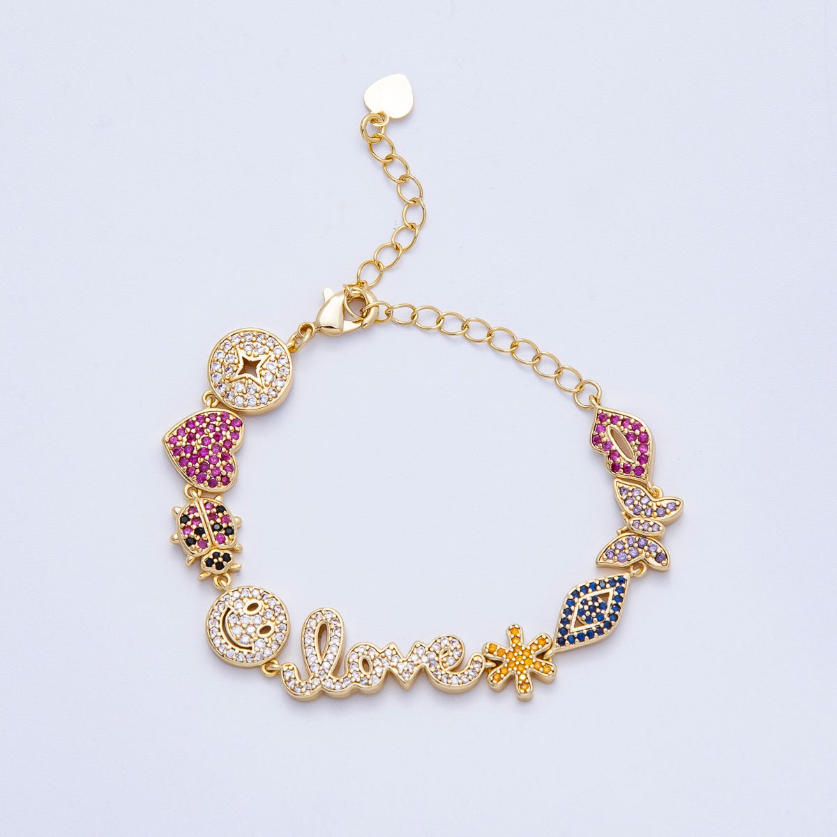 16K Gold Filled 11mm "Love" Multicolor Micro Paved 5 Inch Charm Bracelet | WA - 04044 - DLUXCA