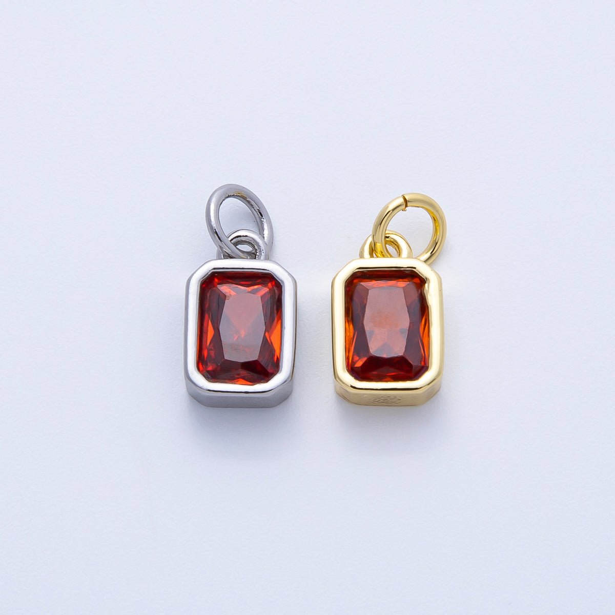 16K Gold Filled 11mm Red Baguette CZ January Birthstone Bezel Charm in Gold & Silver | Charms - 00261 ~ Charms - 00262 - DLUXCA