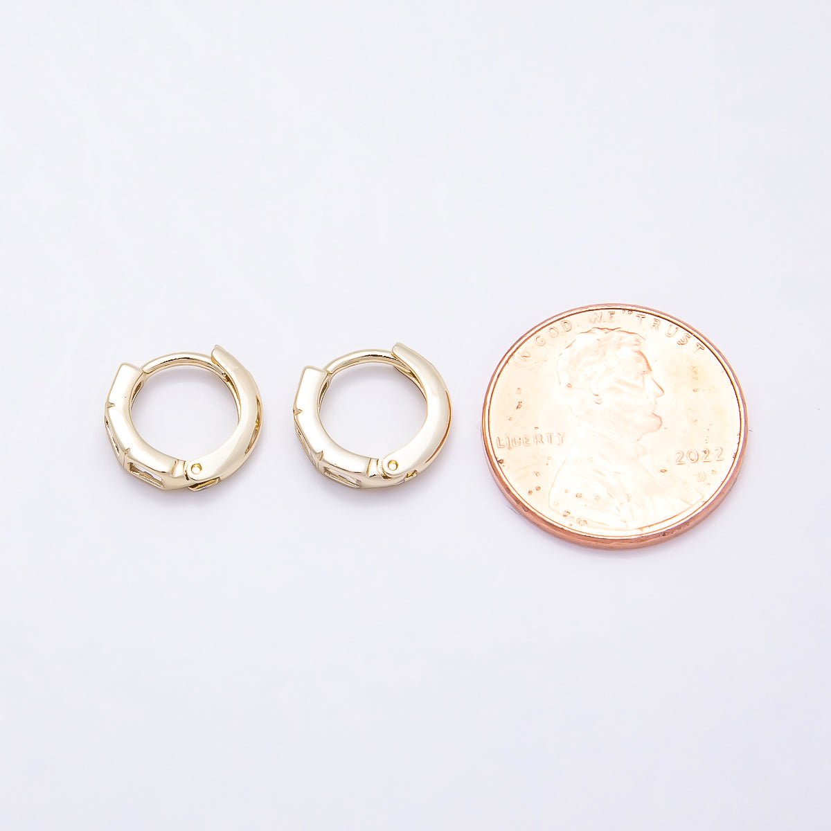 16K Gold Filled 11mm Triple Clear CZ Baguette Cartilage Huggie Earrings | Earrings-00439 - DLUXCA