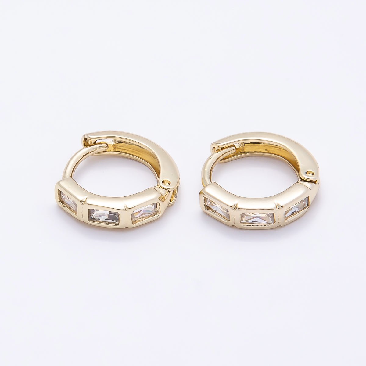16K Gold Filled 11mm Triple Clear CZ Baguette Cartilage Huggie Earrings | Earrings-00439 - DLUXCA