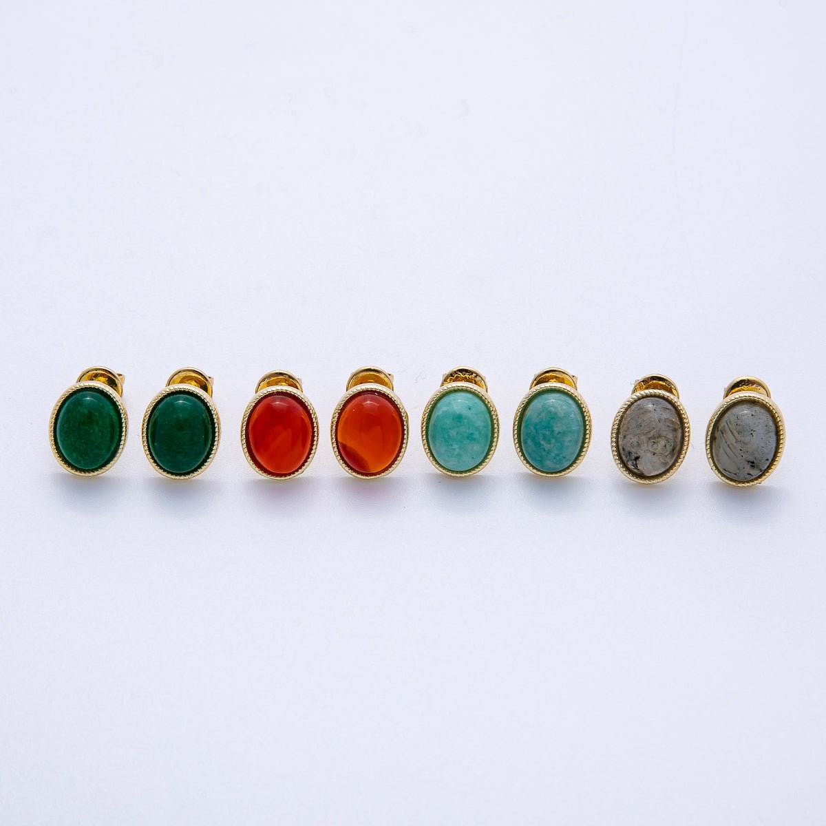16K Gold Filled 12mm Amazonite, Carnelian, Green Agate, Labradorite Oval Gemstone Bezel Stud Earrings | EARRINGS - 00234 - EARRINGS - 00237 - DLUXCA