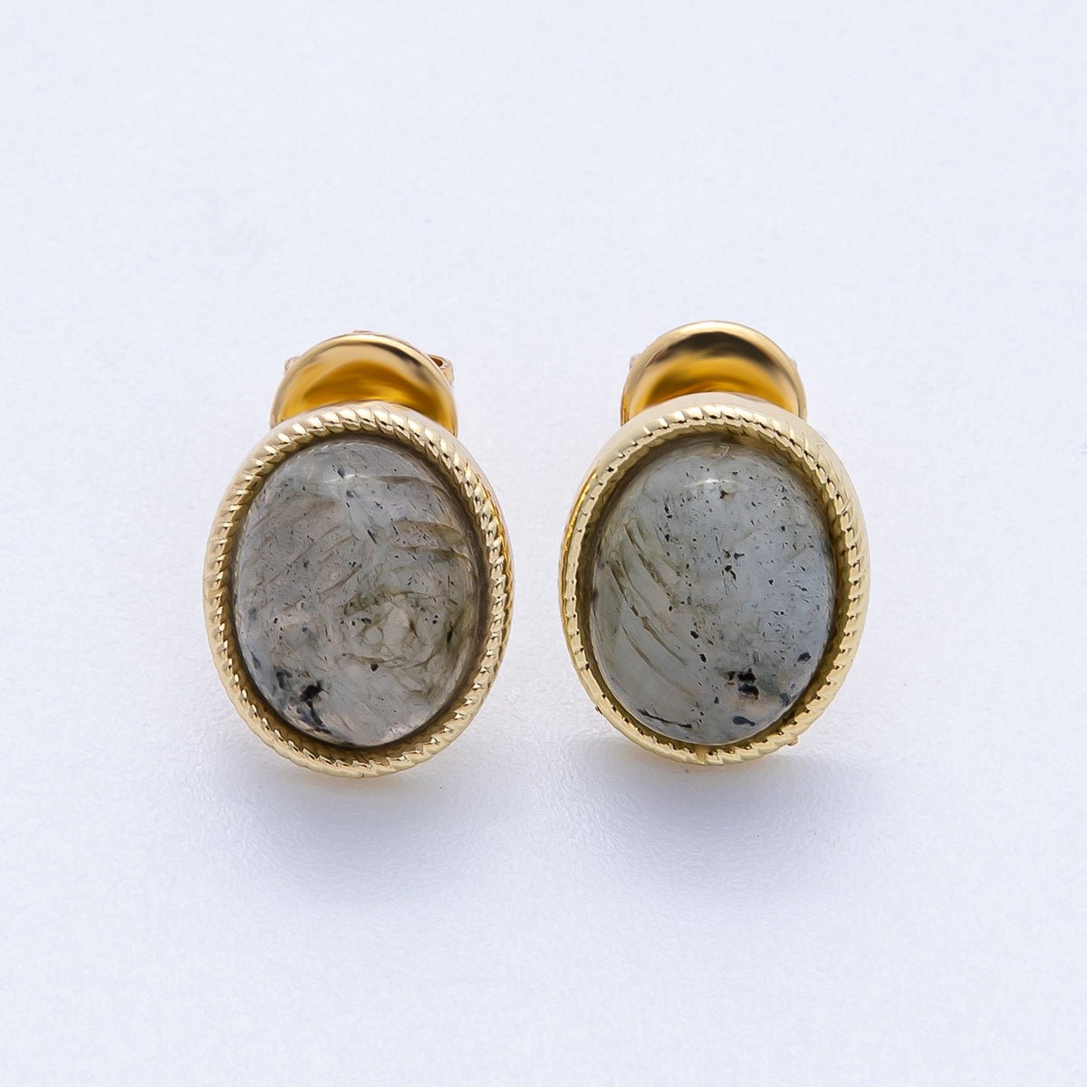 16K Gold Filled 12mm Amazonite, Carnelian, Green Agate, Labradorite Oval Gemstone Bezel Stud Earrings | EARRINGS - 00234 - EARRINGS - 00237 - DLUXCA