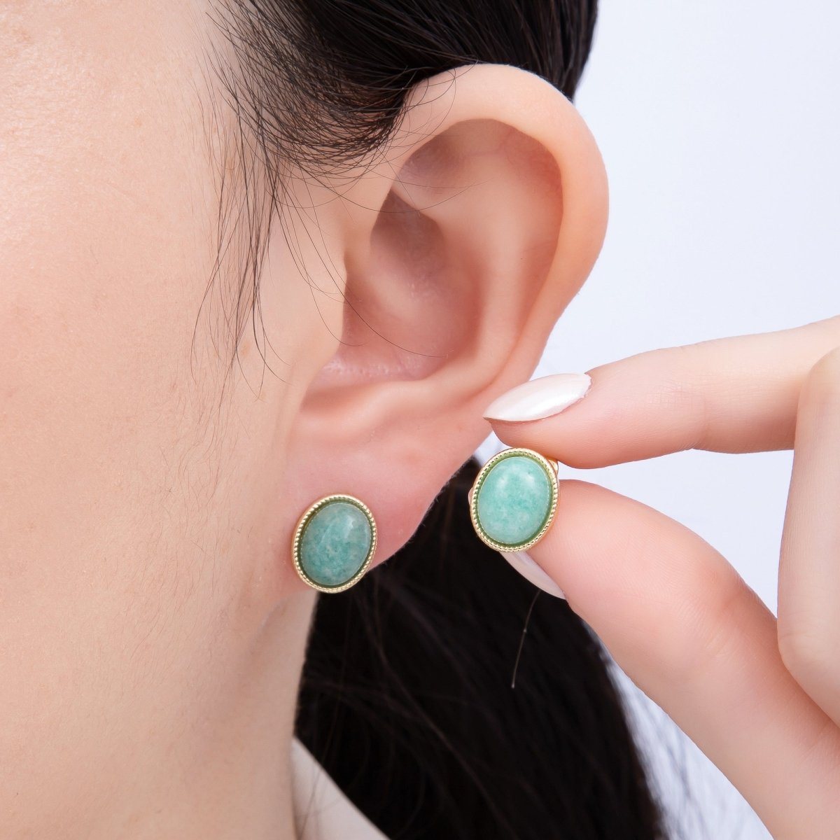 16K Gold Filled 12mm Amazonite, Carnelian, Green Agate, Labradorite Oval Gemstone Bezel Stud Earrings | EARRINGS - 00234 - EARRINGS - 00237 - DLUXCA