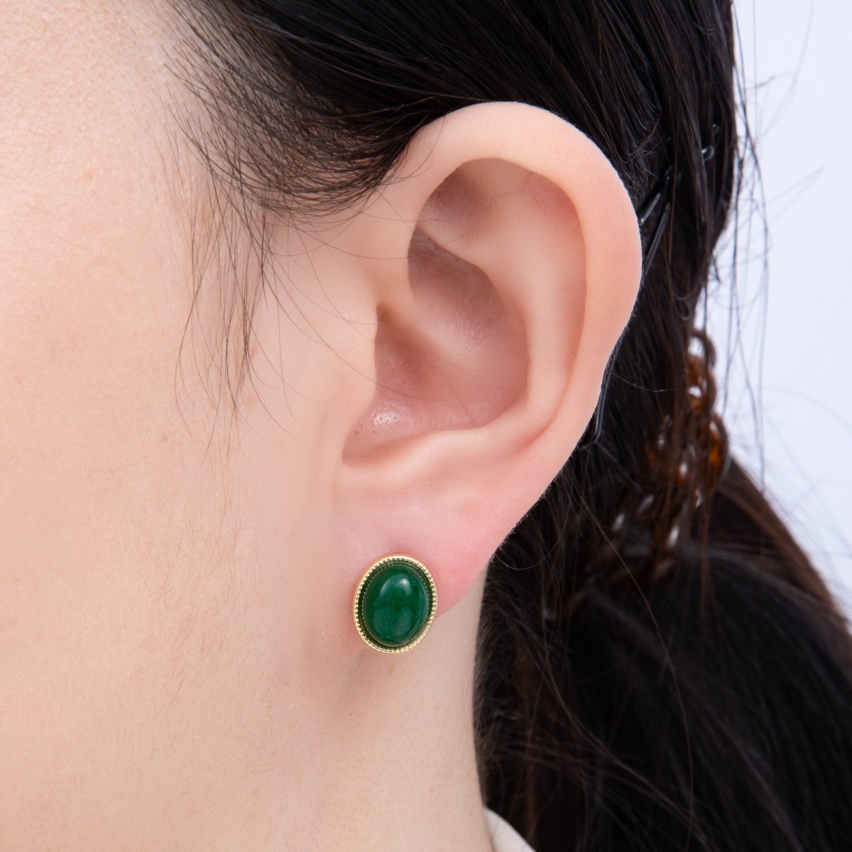16K Gold Filled 12mm Amazonite, Carnelian, Green Agate, Labradorite Oval Gemstone Bezel Stud Earrings | EARRINGS - 00234 - EARRINGS - 00237 - DLUXCA