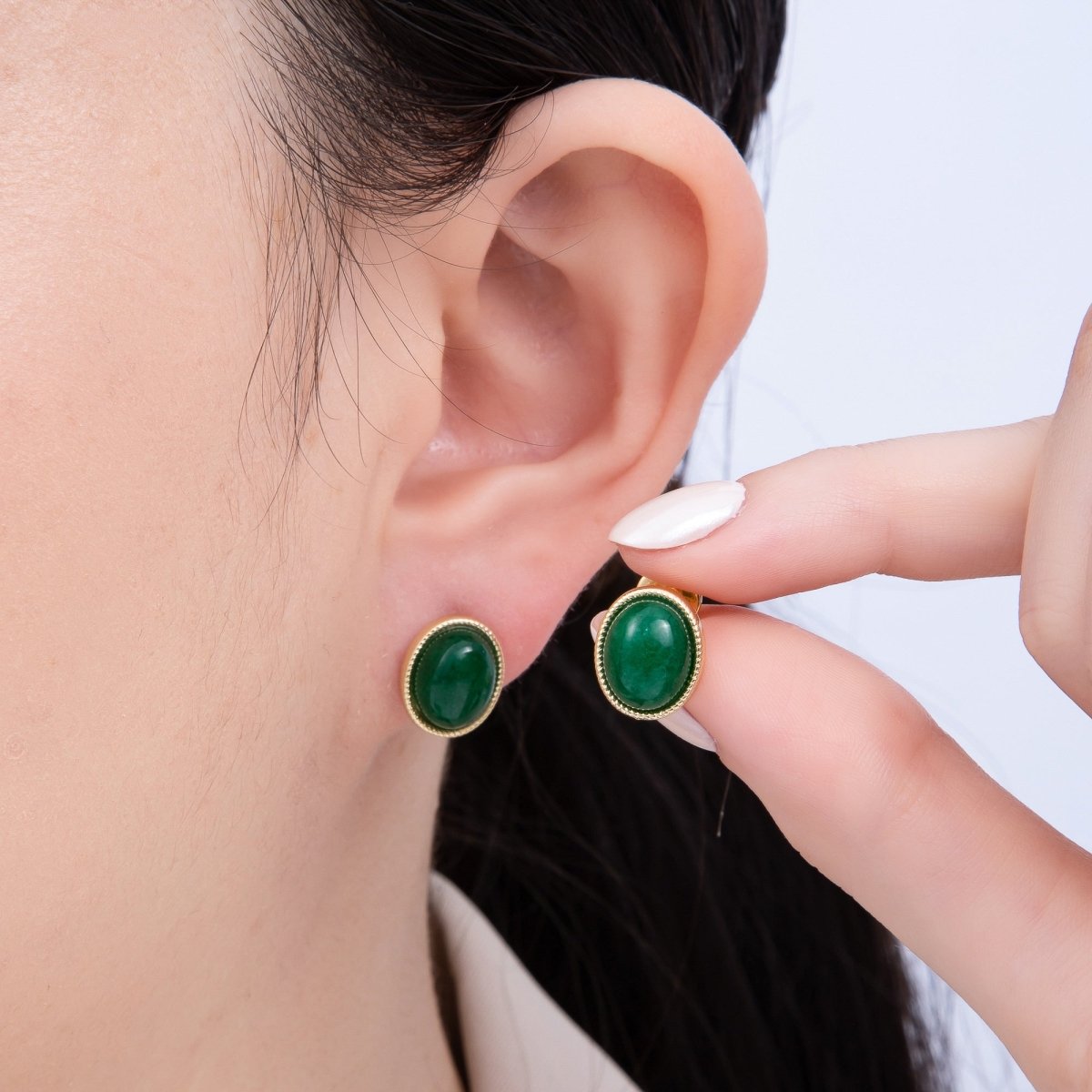 16K Gold Filled 12mm Amazonite, Carnelian, Green Agate, Labradorite Oval Gemstone Bezel Stud Earrings | EARRINGS - 00234 - EARRINGS - 00237 - DLUXCA