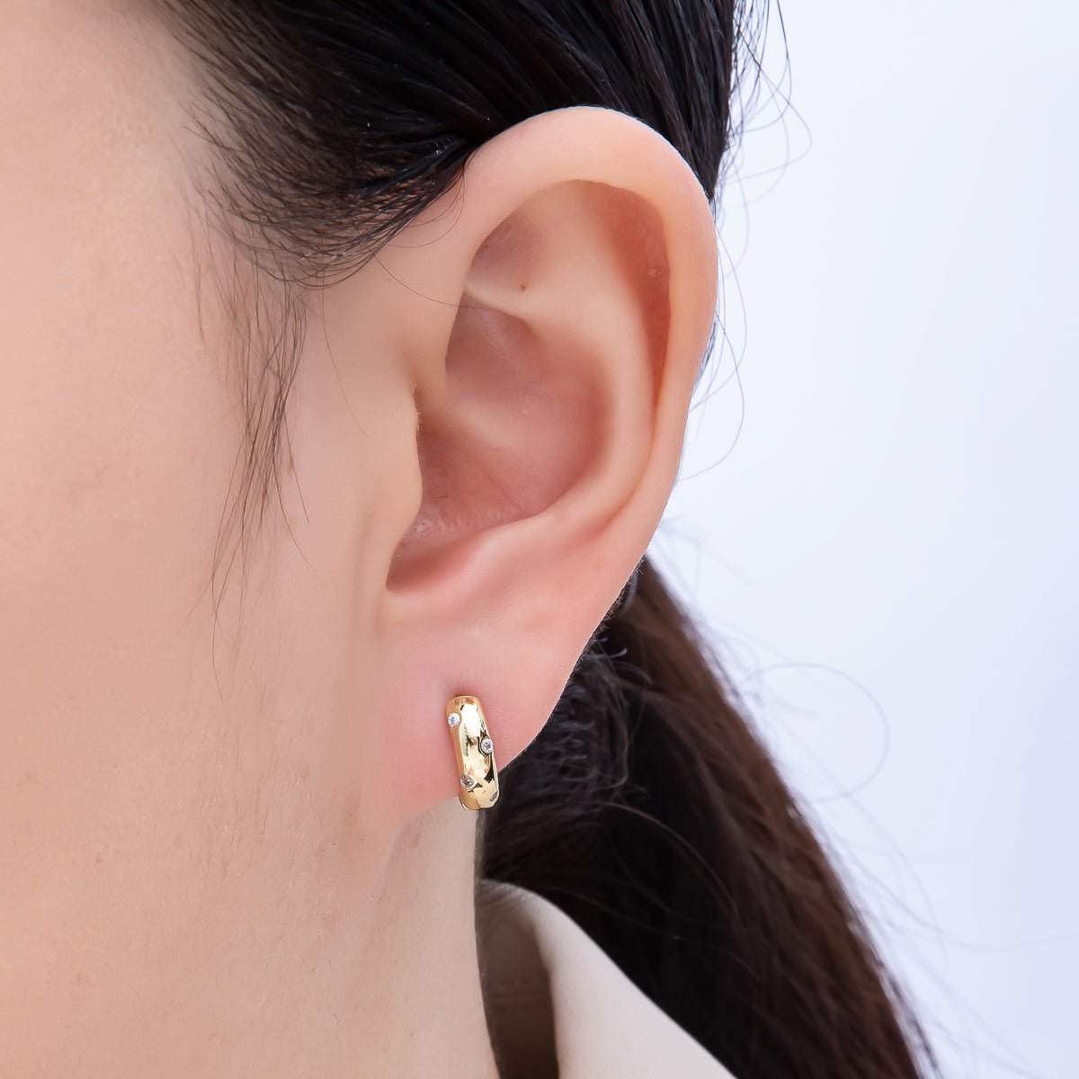 16K Gold Filled 12mm Clear CZ Dotted Cartilage Huggie Earrings | Earrings - 00341 - DLUXCA