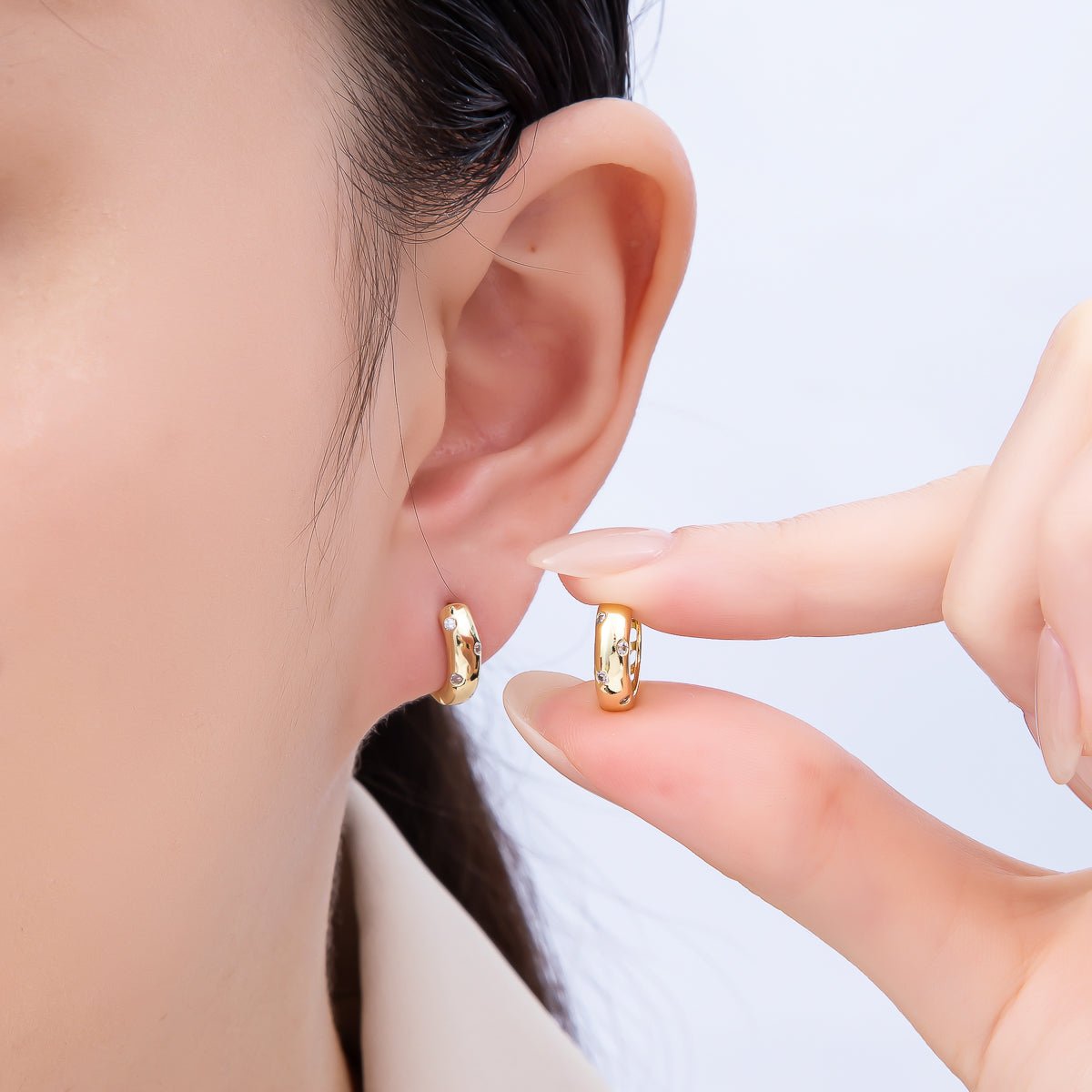 16K Gold Filled 12mm Clear CZ Dotted Cartilage Huggie Earrings | Earrings - 00341 - DLUXCA