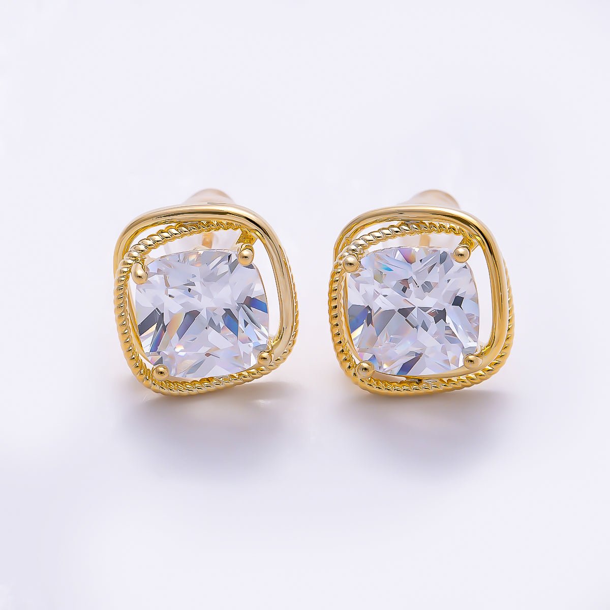 16K Gold Filled 12mm Clear CZ Solitaire Square Geometric Bezel Stud in Gold & Silver | Earrings-00769 Earrings-00770 - DLUXCA