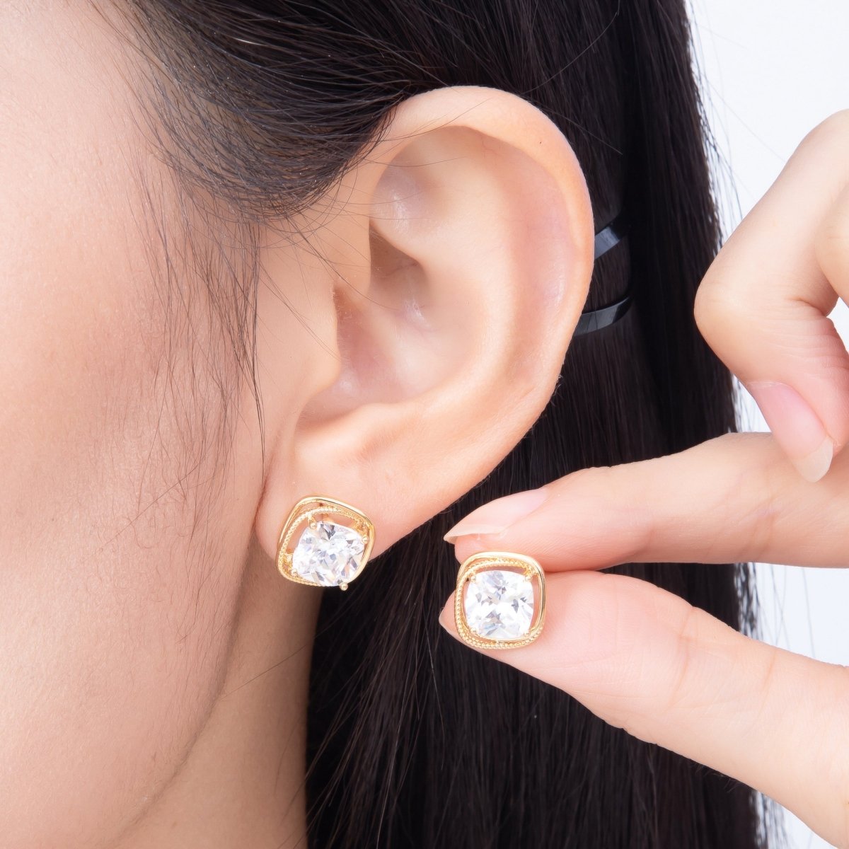 16K Gold Filled 12mm Clear CZ Solitaire Square Geometric Bezel Stud in Gold & Silver | Earrings-00769 Earrings-00770 - DLUXCA