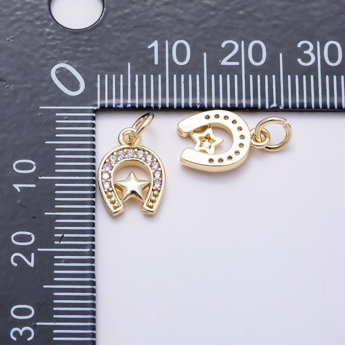 16K Gold Filled 12mm Clear & Pink Micro Paved CZ Plain Star Lucky Horseshoe Charm | Charms-01629 - Charms-01630 - DLUXCA