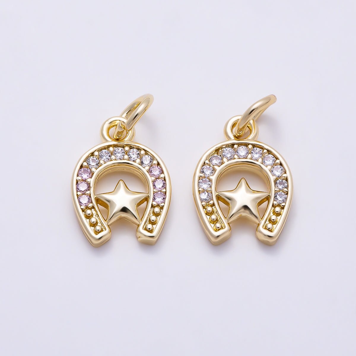 16K Gold Filled 12mm Clear & Pink Micro Paved CZ Plain Star Lucky Horseshoe Charm | Charms-01629 - Charms-01630 - DLUXCA