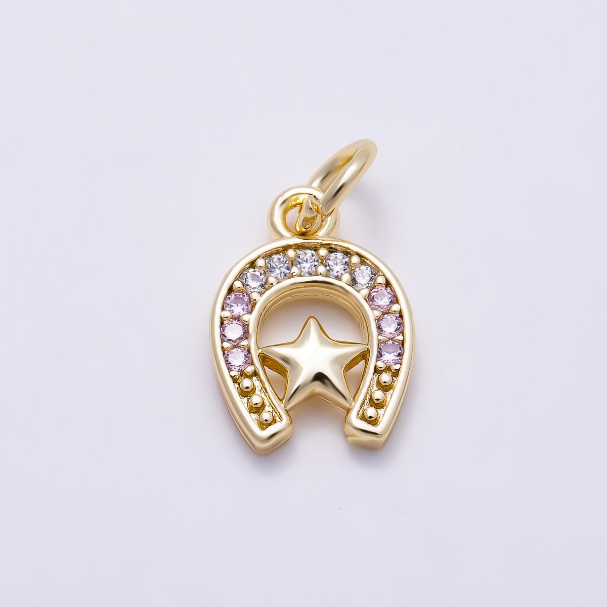 16K Gold Filled 12mm Clear & Pink Micro Paved CZ Plain Star Lucky Horseshoe Charm | Charms-01629 - Charms-01630 - DLUXCA