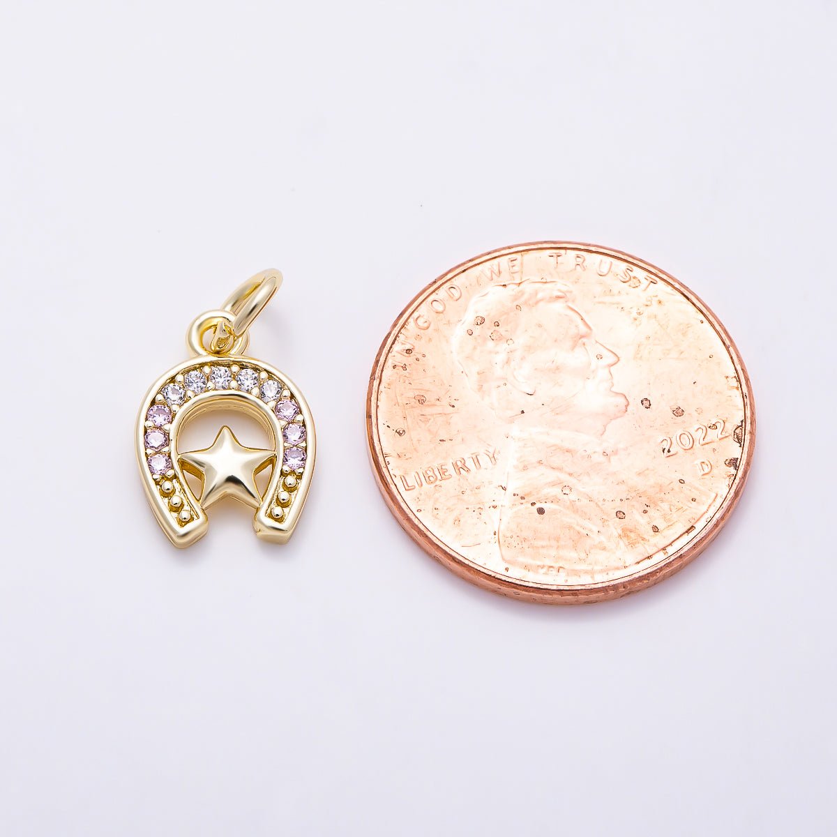 16K Gold Filled 12mm Clear & Pink Micro Paved CZ Plain Star Lucky Horseshoe Charm | Charms-01629 - Charms-01630 - DLUXCA