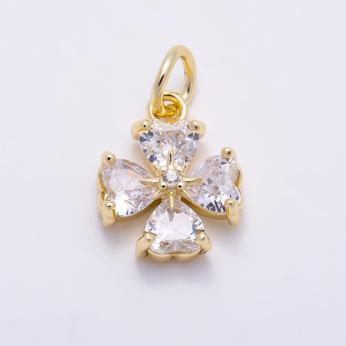16K Gold Filled 12mm Heart CZ Starburst Four-Leaf Clover Charm | Charms-01623 - DLUXCA