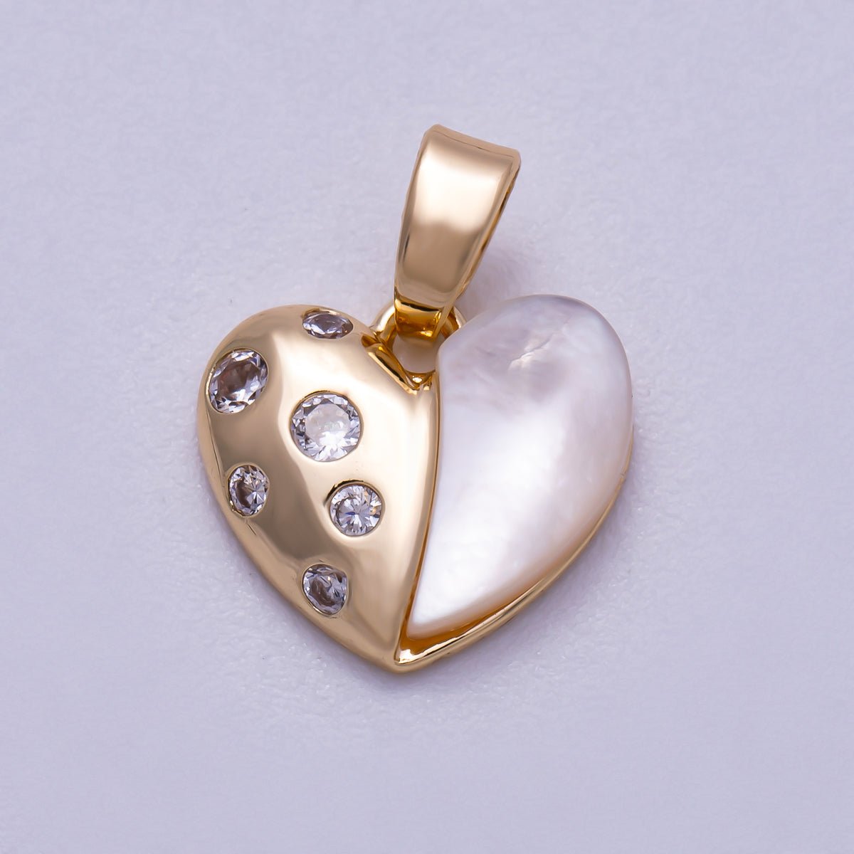 16K Gold Filled 12mm Mother Of Pearl CZ Half Love Heart Charm | Charms - 00592 - DLUXCA