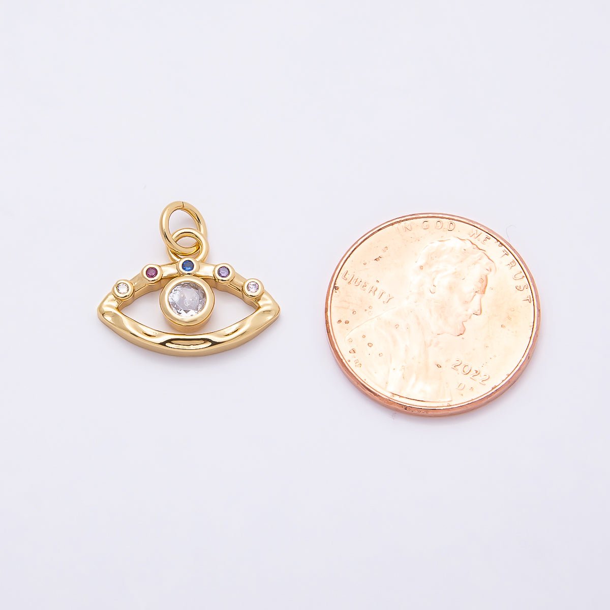 16K Gold Filled 12mm Multicolor Clear CZ Evil Eye Open Textured Charm | Charms - 00863 - DLUXCA