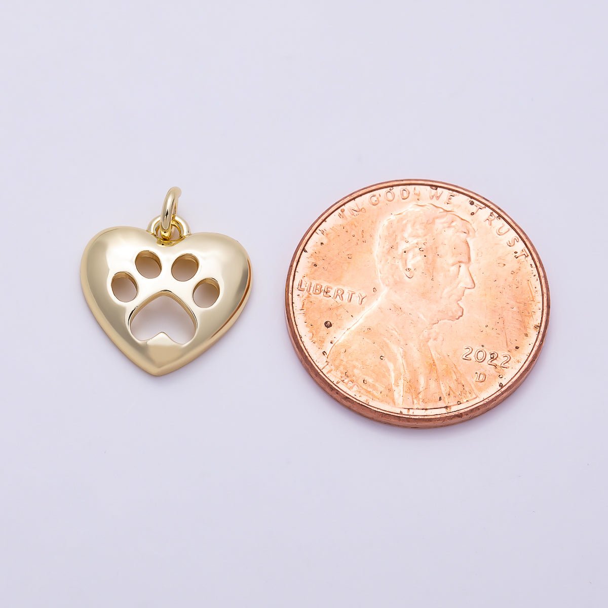 16K Gold Filled 12mm Open Pet Paw Print Heart Charm | Charms-01484 - DLUXCA