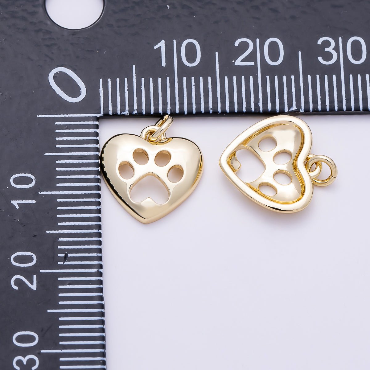 16K Gold Filled 12mm Open Pet Paw Print Heart Charm | Charms-01484 - DLUXCA