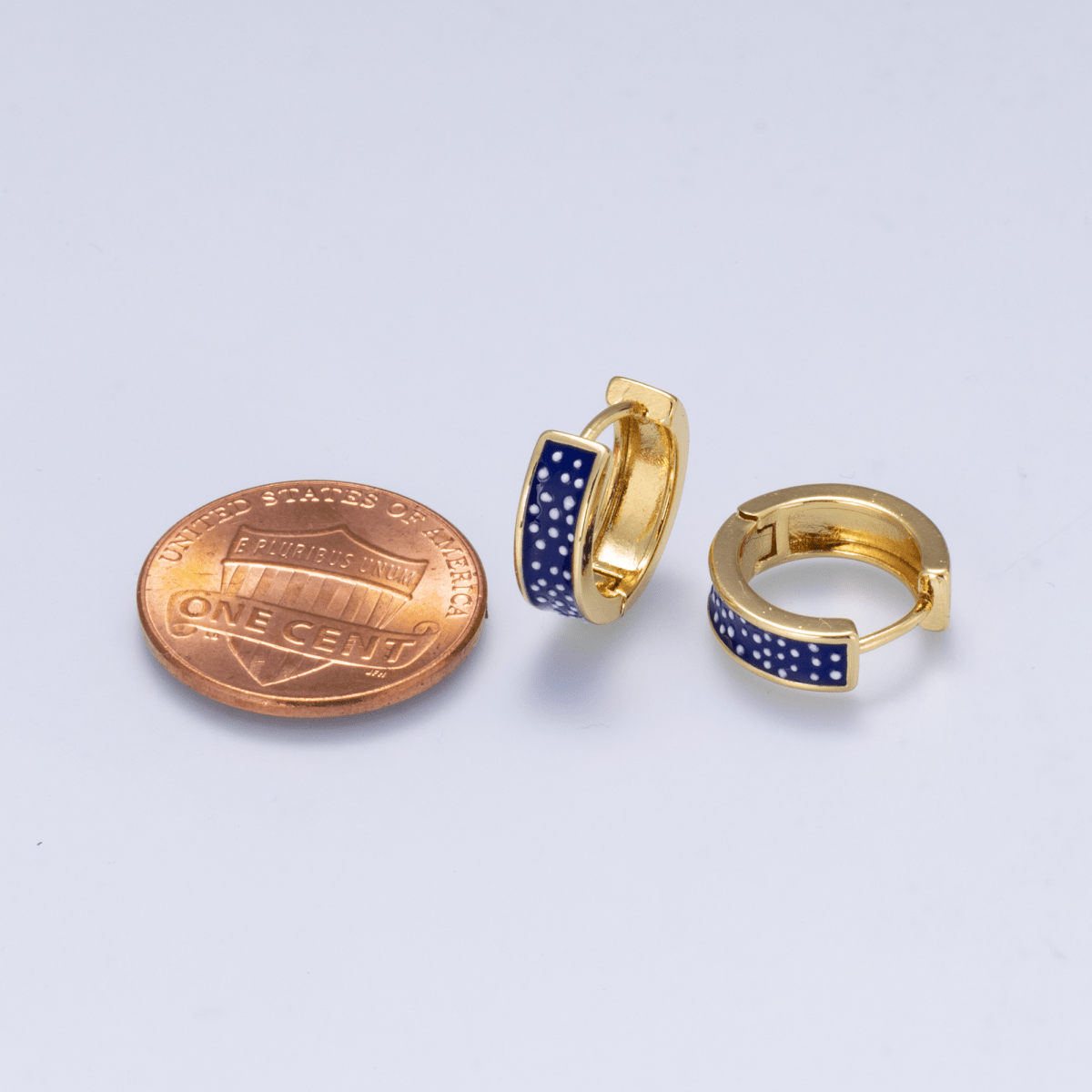 16K Gold Filled 12mm Polka Dotted Blue Enamel Huggie | Earrings-00653 - DLUXCA