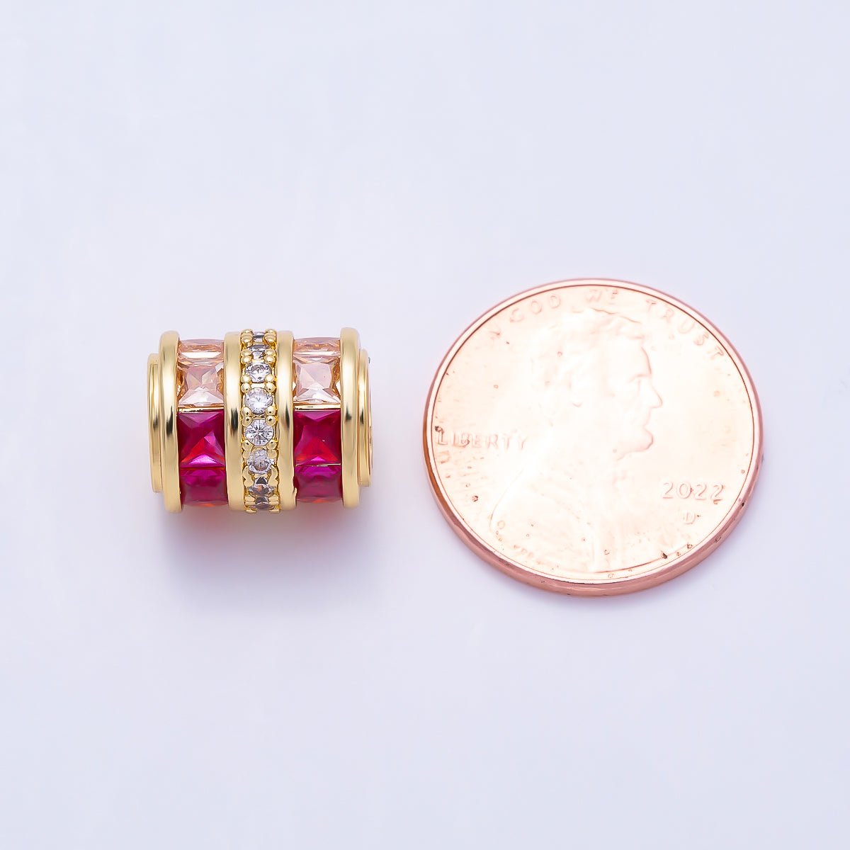 16K Gold Filled 12mm Red Pink Baguette Gradient Micro Paved CZ Wide Bead | Beads-00539 - DLUXCA