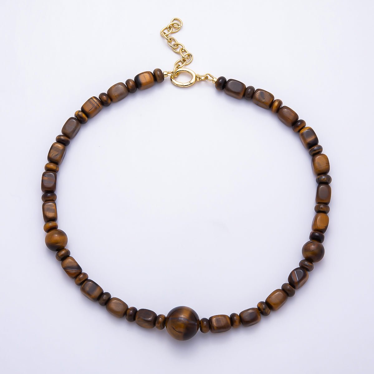 16K Gold Filled 12mm Tiger Eye Rondelle Rectangle Geometric Gemstone Chain 18 Inch Necklace | WA-02108 - DLUXCA