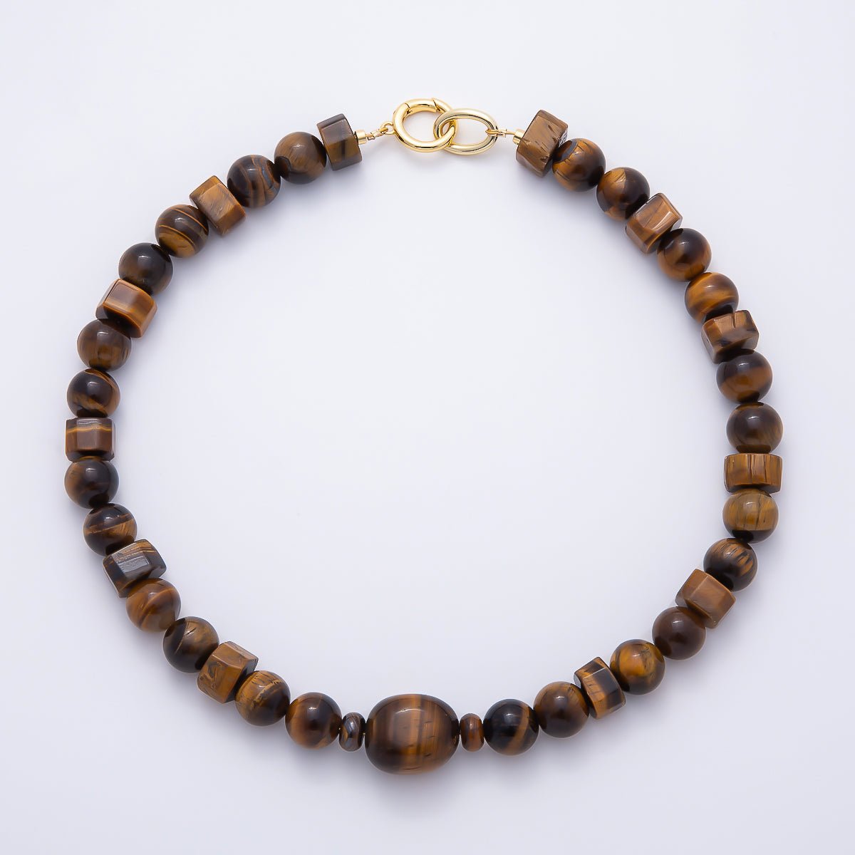 16K Gold Filled 12mm Tiger Eye Round Tube Geometric Gemstone Chain 18 Inch Necklace w. Dual Push Gate | WA-02111 - DLUXCA
