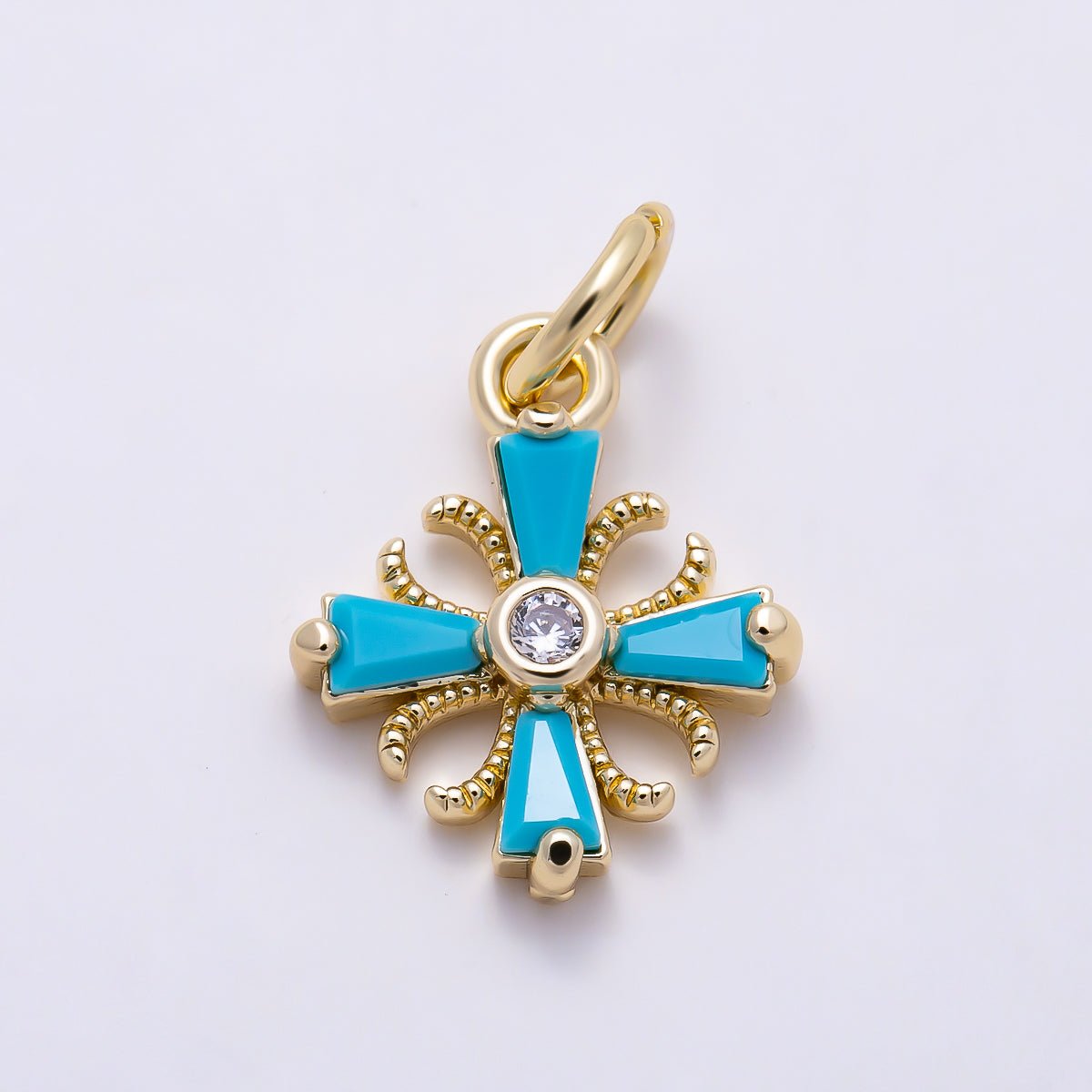 16K Gold Filled 12mm Turquoise Baguette Solitaire Clear CZ Vintage Cross Religious Charm | Charms-01612 - DLUXCA
