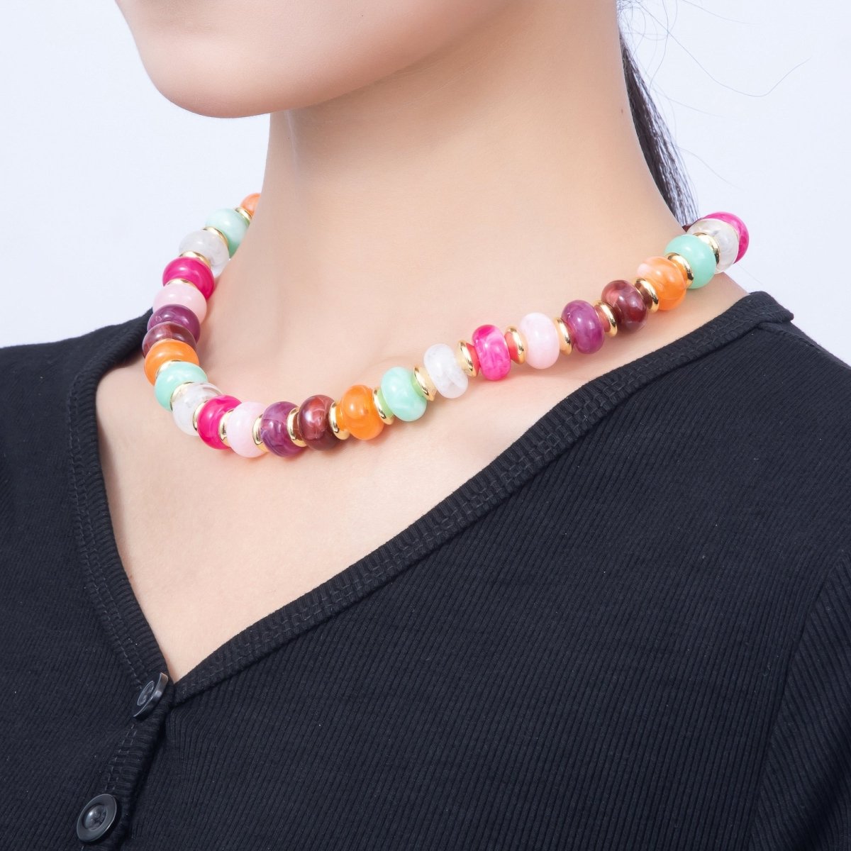 16K Gold Filled 13.5mm Multicolor Rondelle Gemstone Chain 18 Inch Necklace w. Sailor Clasps | WA-01119 & WA-01154 - DLUXCA