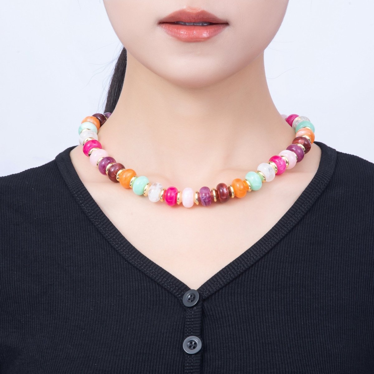 16K Gold Filled 13.5mm Multicolor Rondelle Gemstone Chain 18 Inch Necklace w. Sailor Clasps | WA-01119 & WA-01154 - DLUXCA
