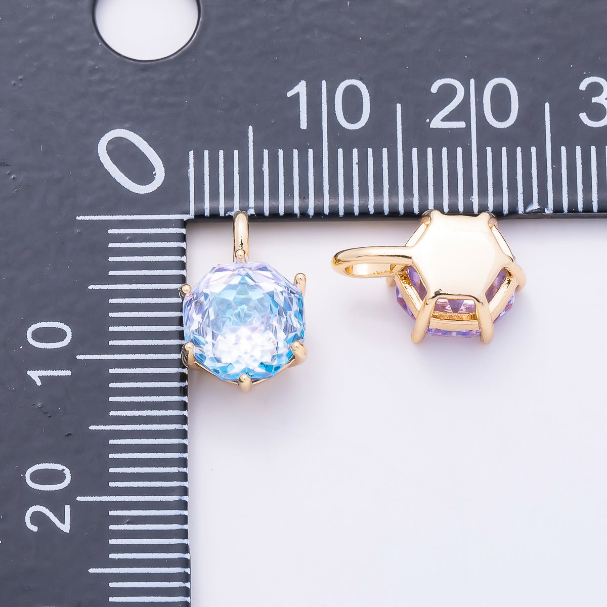 16K Gold Filled 13mm Blue, Pink, Purple, Clear, Yellow Round CZ Solitaire Charm | Charms-01062 ~ Charms-01068 - DLUXCA