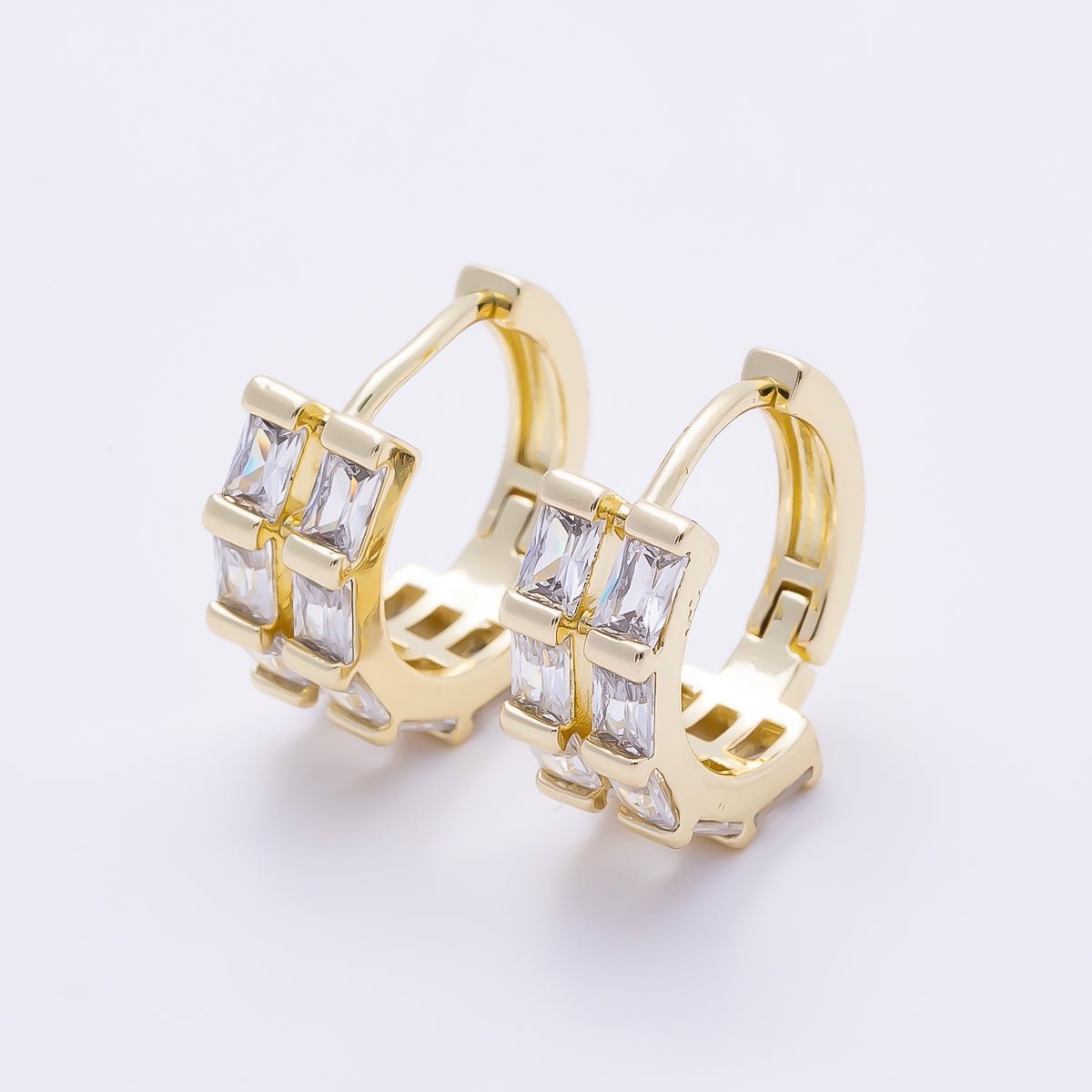 16K Gold Filled 13mm Clear CZ Double Baguette Huggie Hoop | Earrings-00683 - DLUXCA