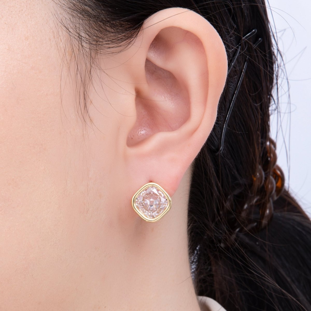 16K Gold Filled 13mm Clear CZ Rhombus Bezel Solitaire Stud Earrings | Earrings - 00304 - DLUXCA