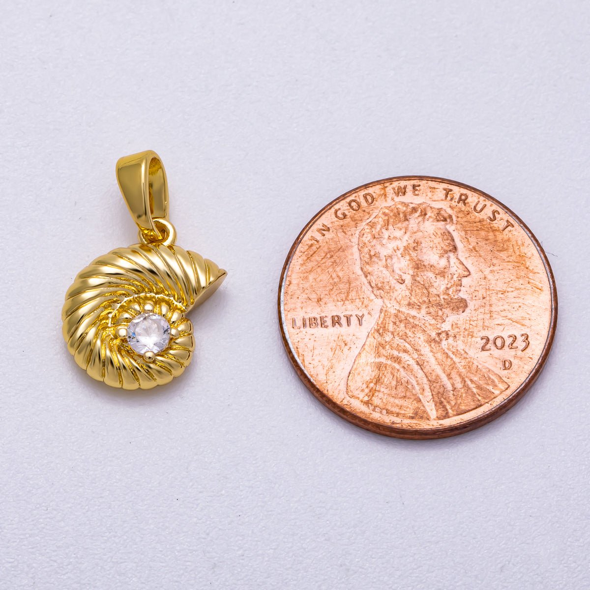 16K Gold Filled 13mm Clear CZ Ribbed Seashell Charm | Charms - 00595 - DLUXCA