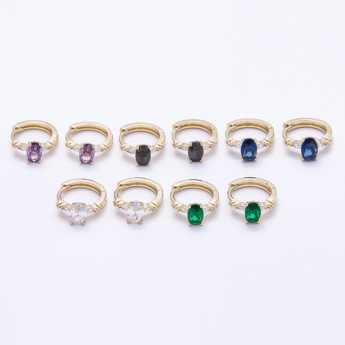 16K Gold Filled 13mm Clear, Green, Purple, Blue, Black Oval CZ Huggie Earrings | Earrings - 00387 ~ Earrings - 0038 - DLUXCA